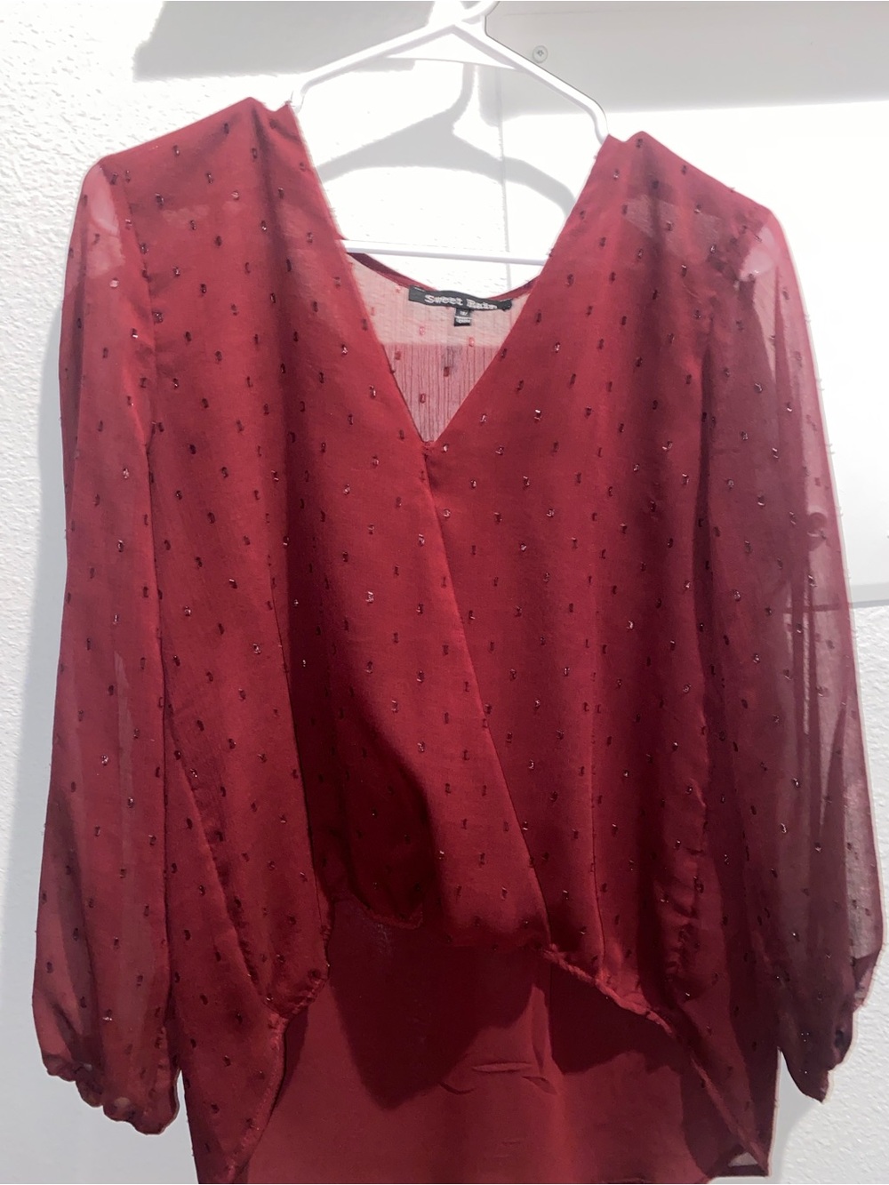 Sweet Rain Wine Red V-Neck Sheer Blouse